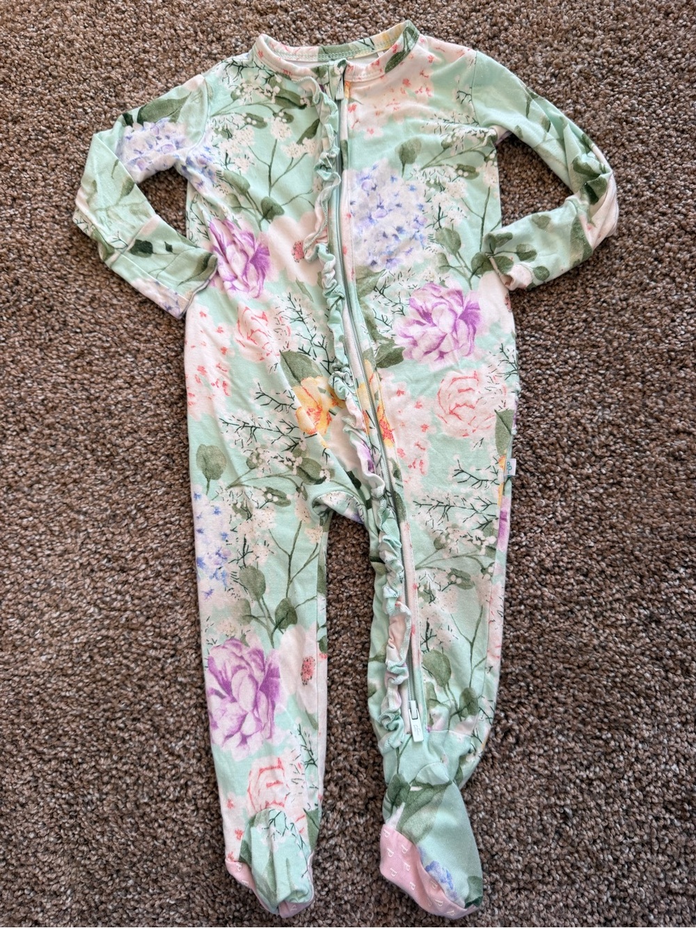 POSH PEANUT Bamboo Turquoise Floral Printed Ruffle Butt Footed Sleeper